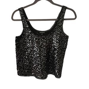 Express Black Sequins Sheer Cropped Scoop Neck Dressy Tank Top Size XS